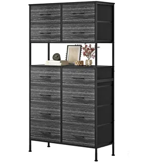 Mintnook Kommode mit Schubladen, Weiße Kommode mit 12 Stoffschubladen, Aufbewahrungsschrank, Schubladenschrank, Kommode Wohnzimmer, Metallgestell, Hochkommode für Wohnzimmer, Flur, Schwarz