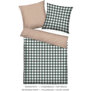 Herding TOM TAILOR Flanell-Bettwäsche, 80x80 cm + 135x200 cm, 100% Baumwolle/ Flanell, Mit Wendemotiv und farbigem Markenreißverschluss, CLASSIC CHECK Grün, Braun (Forest & Rusty Red)