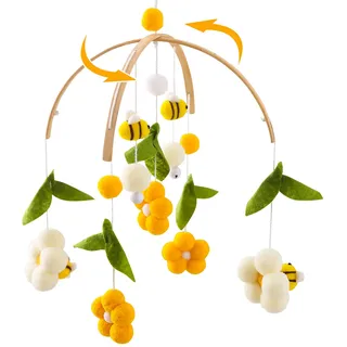 Youuys Mobile Baby Holz mit Filzbällen, Bienen und Blumen Baby Mobile Windspiel, Bettglocke Anhänger für Babybett, Kinderzimmer Deko, Geschenk für Baby Mädchen oder Jungen