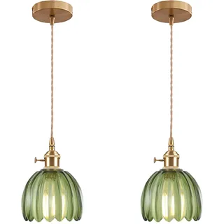 EKSED Vintage Pendelleuchte aus Glas mit Goldener E27-Fassung und Drehschalter, Lampenschirm in Blütenblattform, Hängelampe für Küche, Esszimmer oder Schlafzimmer (grün, 2 Stück)
