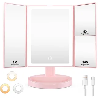 Auxmir Schminkspiegel mit Beleuchtung, 10X/5X/1X Kosmetikspiegel Vergrößerungsspiegel mit Licht & 3 Lichtfarben, Faltbar Spiegel mit Beleuchtung und Dimmbar LED Licht, USB Wiederaufladbar, Rosa