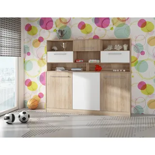 Wandbett Horizontal Schrankbett ROGER 90x200 cm Wandklappbett, Schrankklappbett, Schrank mit integriertem Klappbett, Funktionsbett (SONOMA EICHE / WEIß (mit zusätzlichen Regalen) - Weiß