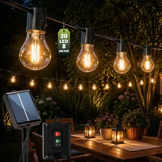 LUMILED Solar Lichterkette für Außen 7,7M 20x A60 LED Lampen Dekorative Glühbirnen IP44 spritzwasserdicht Wetterfest 8 Leuchtmodi Warmweiß 2700K Beleuchtung Garten Terrasse Balkon Party Deko Kugeln Solarleuchte - Schwarz