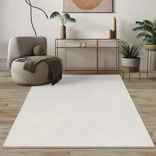 Mia's Teppiche Comfort Moderner Flauschiger Kurzflor Teppich, Anti-Rutsch Unterseite, Waschbar bis 30 Grad, Super Soft, Felloptik, Creme, 140 x 200 cm Oval