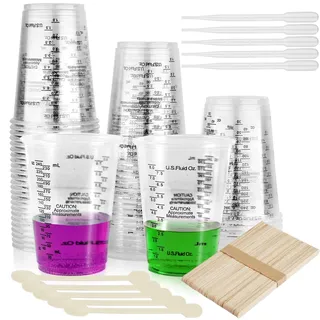Celepoir 50 Stück Plastik Mischbecher Epoxidharz, Epoxidharz Mischbecher 240 ml & 8 oz mit Rührstäbchen, Lackierbecher & Pipette, Messbecher mit Skala für Präzise Abmessen & Mischen, Liquid & Pigment