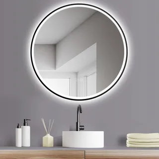 HOKO Design ANTIBESCHLAG Badspiegel rund 80 cm mit Metall Rahmen Matt Schwarz. Runder Bad Wandspiegel LED beleuchtet + Touch Schalter + LED Licht Wechsel