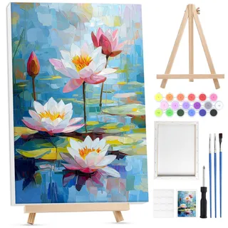 Lxmsja Lotus Malen Nach Zahlen Erwachsene Kinder mit Rahmen, Malen Nach Zahlen Blume mit Holzstaffelei, Diy Set Erwachsene mit Pinseln und Acrylfarben Ölgemälde Leinwand für Home Décor, 20x30cm