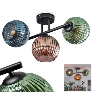 HOFSTEIN Deckenleuchte Koyoto, 3-flammige Deckenlampe aus Metall/Riffelglas in Schwarz/Grün/Blau/Kupfer, Leuchte im Retro/Vintage-Design (Schirme Ø 15 cm), E14, Esszimmer, Wohnzimmer, Küche, Flur