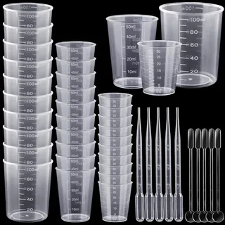 MirraSwit 30 Stück Kleine Messbecher 30ml/50ml/100ml, Wiederverwendbar Messbecher Set Kunststoff, Transparent Mischbecher Epoxidharz, mit Tröpfchen und Mischlöffel für Basteln, Gießformen
