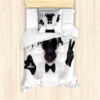 ABAKUHAUS Mops Mantele, Hund Feiern Alkohol, Milbensicher Allergiker geeignet mit Kissenbezügen, 135 cm x 200 cm - 80 x 80 cm, Schwarz-weiße Creme - Creme