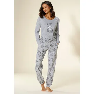 Pyjama, Damen, Gr. 52/54, grau (hellgrau), Single Jersey, Obermaterial: 90% Baumwolle, 10% Polyester, VIVANCE DREAMS BY LASCANA, bequem lang, Rundhals, Rippbündchen, Homewear-Sets Pyjama, mit süßem Bärchen-Druck, Topseller