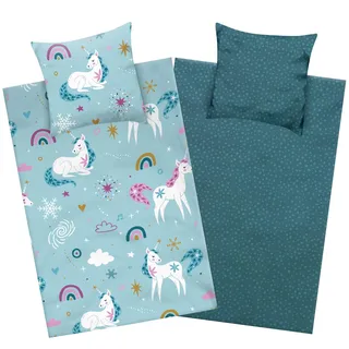 Aminata kids Bettwäsche Einhorn 135 x 200 Biber Mädchen Flanell Baumwolle Petrol mit Regenbogen - Kinder-Wende-Bettwäsche-Set - Reißverschluss | ÖkoTex | Unicorn | Pferde Tier-Motiv