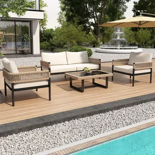 Flieks Gartenloungeset 4-tlg, Balkonmöbel Set für 4 Personen, Gartenmöbel Set mit Gartentisch und Kissen, Terassenmöbel Loungeset Loungemöbel, Beige - Beige