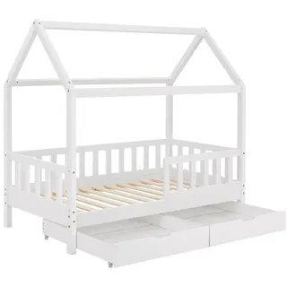 Juskys Kinderbett Marli 80 x 160 cm mit Bettkasten & Dach - Holz 80x160 Kinder- - Bett in Weiß