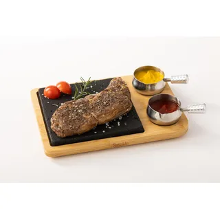 Susable Lavastein Steak-BBQ Servierbrett Set,Hot Stone Steingrill Set aus Bambusbrett Lavastone,Grillen auf heißem Stein,perfekt als Grillbrett,Steakbrett,Grill Zubehör für Steak,Burger&Sushi(klein)
