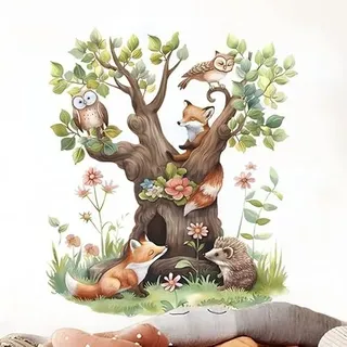 COVPAW Wandtattoo Baumhaus Wald Tier Dschungel Eule Fuchs Igel Wandaufkleber Großer Baum Wandsticker Grünland Kinderzimmer Babyzimmer Schlafzimmer Wanddeko (Tierbaum241020)