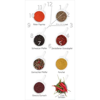 Wallario Design Wanduhr Welt der Gewürze - Übersicht über verschiedenen Gewürze I aus Echtglas, Größe 30 x 60 cm - Weiß