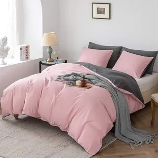 Damier Bettwäsche 220×240cm Altrosa Grau Unifarben Wendebettwäsche Set Superweiches Microfaser Deckenbezug Bettbezug 220 × 240 cm + 2 Kopfkissenbezüge 80 × 80 cm