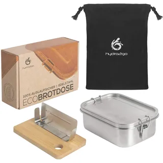 hydro2go auslaufsichere Lunchbox aus Edelstahl – BPA-frei, plastikfrei, mit Trennwand, Schneidebrett und Baumwolltasche – für Kinder & Erwachsene (800 ml)