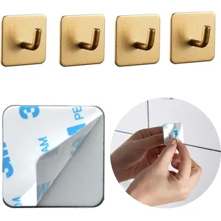 DEKAZIA® 4er-Set Klebehaken Gold – Garderobenhaken, Kleiderhaken, Wandhaken, Handtuchhaken & Türhaken Gold Matt – Selbstklebende Haken & Handtuchhalter ohne Bohren