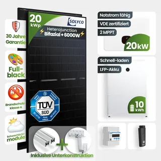 20 kWp Growatt PV-Anlage 40x Solyco 500Wp HJT Bifazial Fullblack mit 10 kWh Spei...