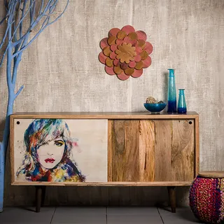 Native Home Sideboard Design, mit Bild, modern, massiv, mit Türen, Mangoholz, Kommode, HxBxT: 85 x 160 x 45 cm, bunt