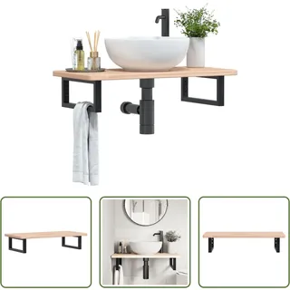 The Living Store Waschtischplatte mit Halterung Stahl und Massivholz Eiche - Braun