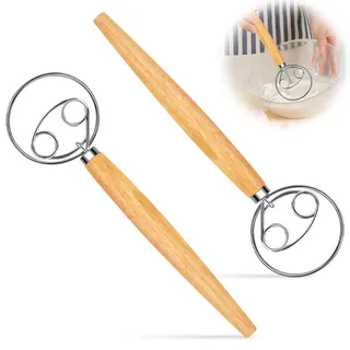 2 Dänischer Teigbesen mit Holzgriff&Doppellöchern,Edelstahl Brotteig Schneebesen zum Schnellen Mischen,13 Zoll Holländischer Brotteigmischer für Brotkuchenherstellung,Eierschläger für Backen Brot Teig
