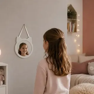Kinderspiegel – Zum Aufhängen – Wand – Bad – Kinderzimmer - Badezimmer | Ohne bohren Kinder Mädchen Katze Badspiegel klein Wandspiegel Spiegel Hängespiegel Deko echt keine Folie weiß rund 16 cm