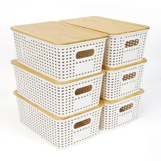 UHAPEER Aufbewahrungsbox mit Bambus Deckel, 6 Stücke Aufbewahrungskorb, Kunststoff Korb Aufbewahrung, Kitchen Organizer Weiß, Stapelbare Aufbewahrungsboxen, Kiste mit Deckel 25.6 x 18 x 10.7 cm