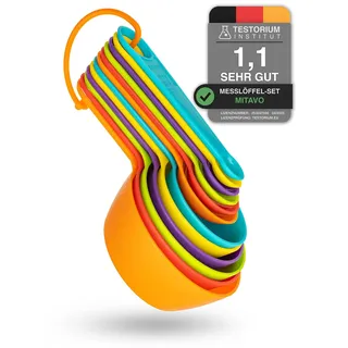 Mitavo 12 teiliges Messlöffel-Set, Bunte Maßlöffel, Dosierlöffel zum Kochen Backen, Maßangaben für Flüssigkeiten & Pulver (ml, cups, EL, TL), Stapelfähiges, Spülmaschinenfestes Küchenwerkzeug