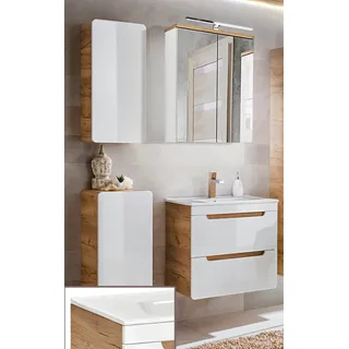 Badmöbel Set inkl. 61 cm Waschtisch LUTON-56 in Hochglanz weiß mit Wotan Eiche Nb., B/H/T ca. 110/200/46 cm - Weiß