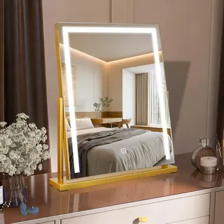 MantoLite Quadrat Touch-Schalter Tischspiegel,52 * 58CM Großer Kosmetikspiegel Mit Lichtern 360° Drehbar, Gold Led-Make-Up-Spiegel, Dimmbaren Mit Lichtern Für Schlafzimmer