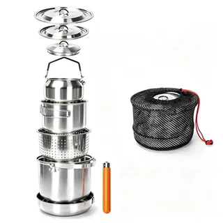 GFTIME Camping Kochset Camping Kochgeschirr aus Edelstahl, Camping Topf Pfanne Set, Camping Töpfe für Campingkocher, 5-teilig