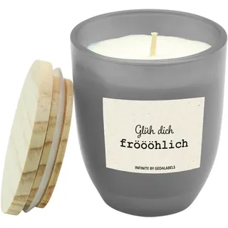 Kerze im Glas 100% Sojawachs 7x8cm (Glüh dich fröhlich, Grau)