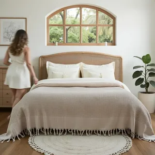 BOHORIA® Tagesdecke 220x240 cm in Waffeloptik Santorini | extra groß | 100% Baumwolle | Oeko-Tex® | Überwurf für Sofa, Sessel & Bett | Sofadecke Wolldecke Wohndecke (Sepia)