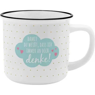 GRUSS & CO Becher Motiv "An Dich denke" | New Bone China Porzellan, Emaille-Optik, 35 cl | Geschenk Liebe | 46974