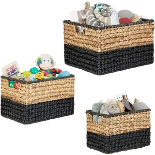 Relaxdays Aufbewahrungskörbe, 3er Set, Wasserhyazinthe, Geflochten, Boxen ineinander stapelbar, Tragbar, Natur/Schwarz