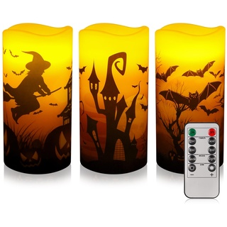 Halloween Kerzen, 3 Stück Flammenlose LED Kerzen Halloween Deko Stumpenkerzen Fernbedienung Timer Batteriebetriebene Echtwachs Kerzen mit Fledermaus Hexe Kürbis Deko Muster für Halloween Dekoration