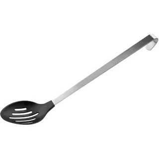 FMprofessional Loch-/Servierlöffel, Abseihlöffel mit Edelstahlgriff, Schlitzlöffel mit Funktionsteil aus Kunststoff, praktischer Schaumlöffel, vielseitiger Kochlöffel (Farbe: Schwarz/Silber)