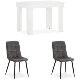 Homestyle4u Esstisch mit 2 Stühle Set Essgruppe mit 2 Stühlen hell Weiß 90x60 Samt - Weiß