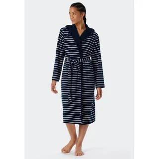 Bademantel SCHIESSER "Feather Terry", Damen, Gr. L, blau (navy), Baumwoll-Mix, Midilänge, Hausmäntel Bademantel, Bindegürtel, Kapuze, Seitentaschen, Regular Fit, Frottee, weich