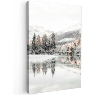 MuchoWow Leinwandbild Natur - Winter - Bäume - Berge - Schnee Wanddeko Schlafzimmer 60x90 cm , Weiß Hochglanz , Textil , Kiefer , Abstrakt , Rechteckig , 60x90 cm , FSC 100% , gerahmt , Bilder & Rahmen, Bilder, Leinwandbilder