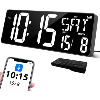XREXS 17'' Wanduhr Digitale Groß, Bluetooth Automatische Kalibrierungszeit, Helligkeit und Ton einstellbar, Wanduhr Digital Uhr, Wanduhr mit Uhrzeit/Datum/Temperatur für Haus, Küche, Klassenzimmer