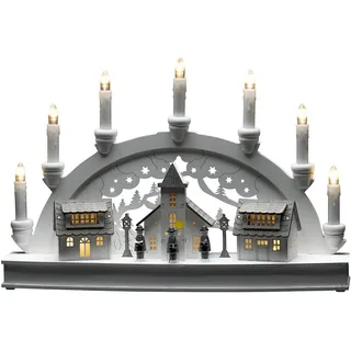 Konstsmide LED Holzsilhouette "Häuser", weiß, wählbare Energiefunktion, 6H Timer, 10 warm weiße Dioden, batteriebetrieben & USB, Innen, weißes Kabel, 2 x AA 1.5V (exkl.) - 3259-210