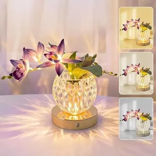 Maxspace Blumen Tischlampe, 3 Farbtemperaturen Kristall Nachttischlampe Touch, Wiederaufladbares Tischleuchte Kabellos, LED-Blume mit Vase für Dates Partys Zuh Dekoration (Lila – Orchidee)