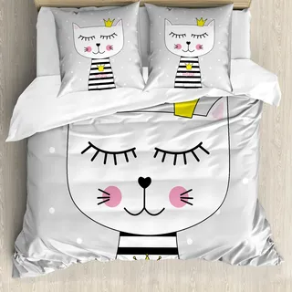 ABAKUHAUS Katze Bettbezug Set, Prinzessin mit Meow Text auf Hemd und eine Krone, 155 x 220 cm + 80 x 80 cm, Grau Rosa