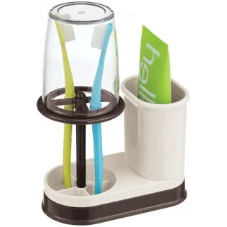 mDesign Zahnbürstenhalter mit Becher – hochwertiger Zahnputzbecher mit Deckel fürs Bad – Halterung für Zahnbürsten und Zahnpasta aus Kunststoff – Creme und bronzefarben