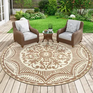 Capslpad Outdoor Teppich rund Ø 180 cm, Balkon Teppich, Kunststoff Camping Teppich, Leichtgewicht Picknickdecke, Vorzeltteppich Outdoorteppich für Balkon, Picknick, Camping, Garten, Beige