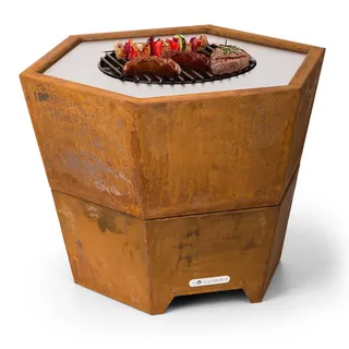 Blumfeldt Feuerschale mit Grillrost, Outdoor Stahl-Feuerschale Groß für Balkon & Camping, Mobile Feuerschale 60 cm, Feuerschalen mit Standfuß, Wetterfeste Feuerschale, Sechseckige Feuerstelle